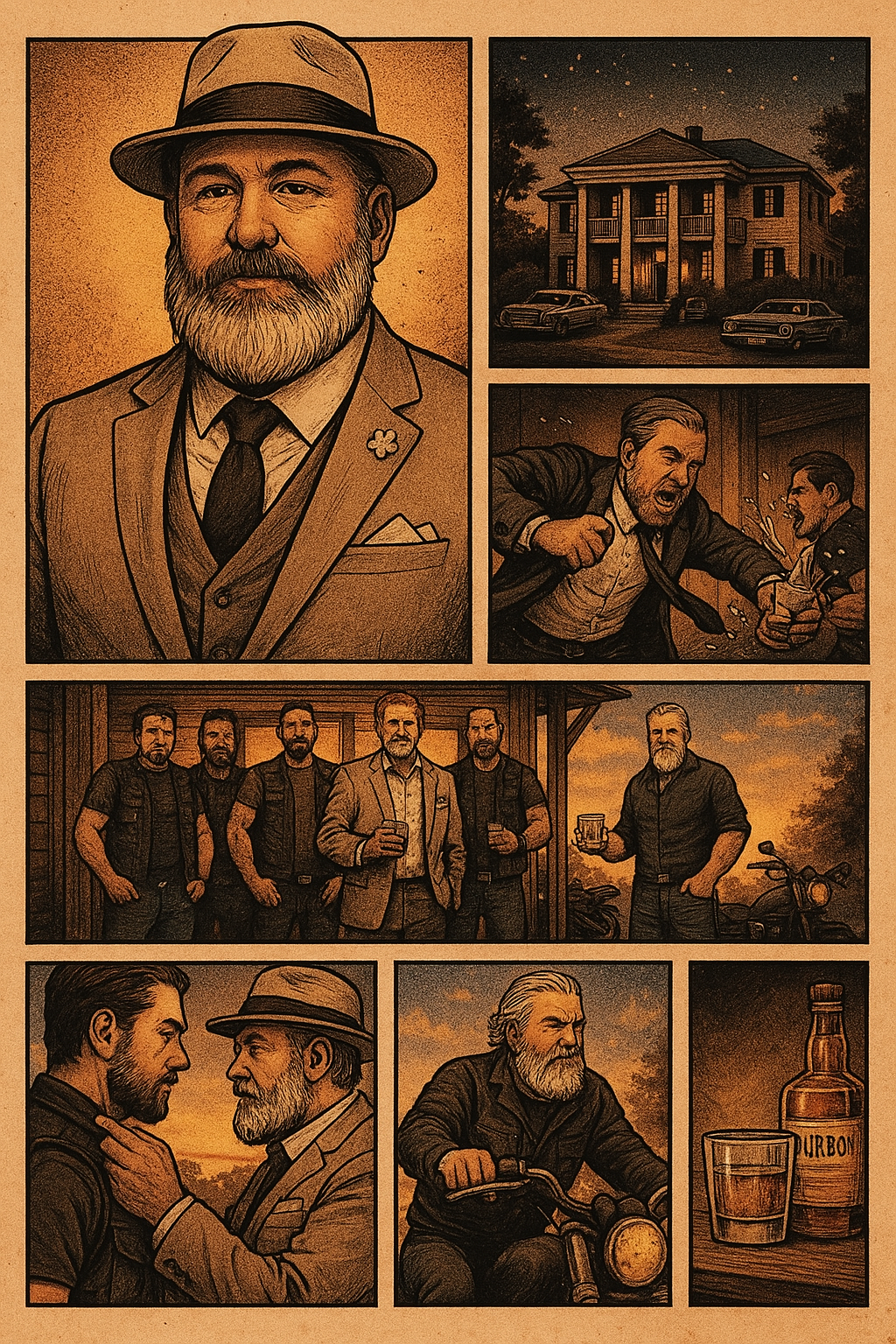 Illustrated collage of a man in a suit, a house, and various scenes with other people.