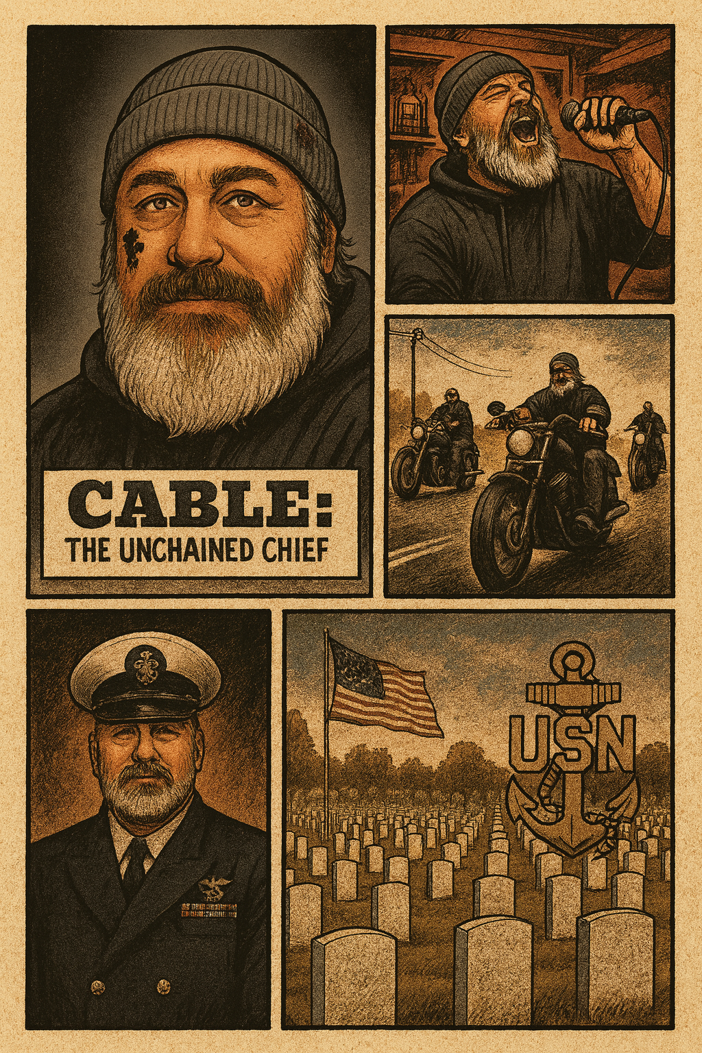 Collage of a man with a beard, a sailor, and a military uniform with text 'CABLE: THE UNCHAINED CHIEF'.