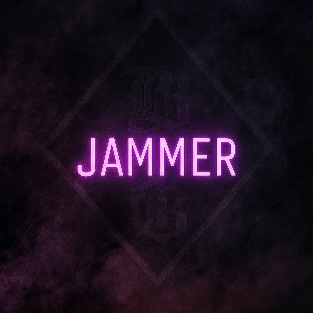 Neon sign with the word 'JAMMER' on a dark background