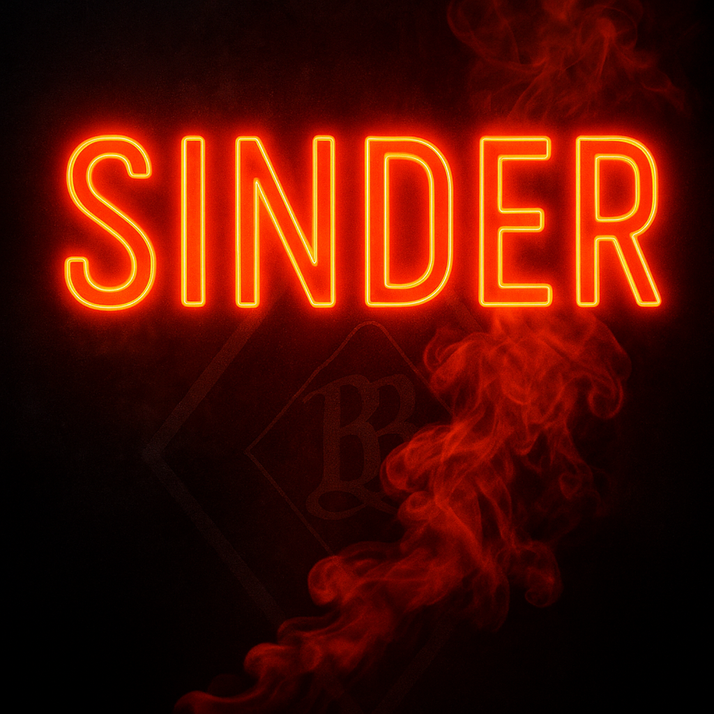 Neon sign with the word 'SINDER' on a dark background with red smoke.
