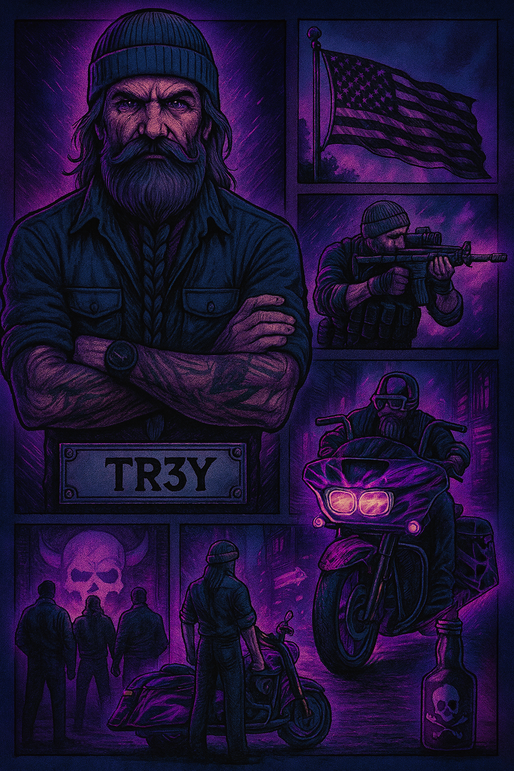Purple-themed illustration with a man, motorcycle, and military elements.