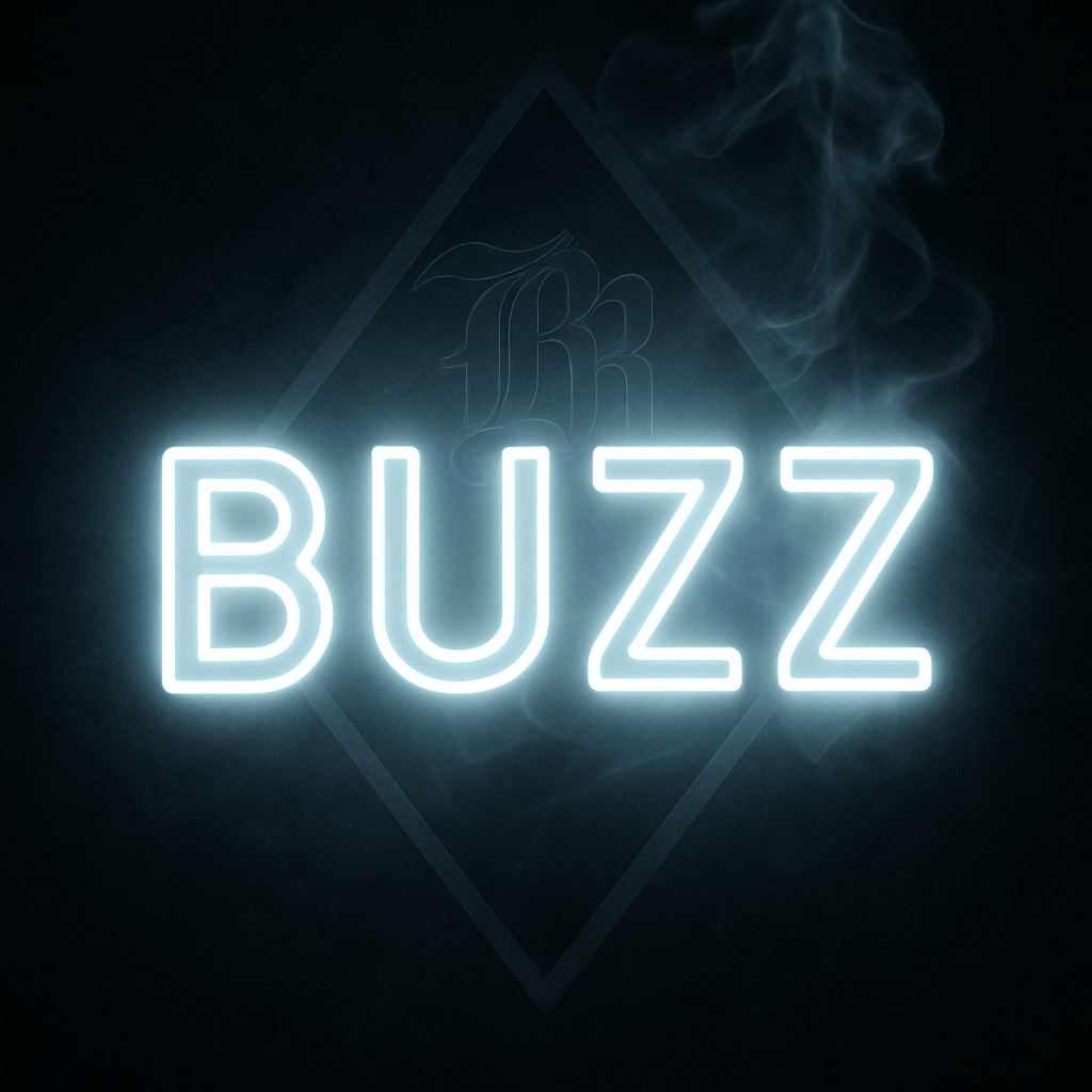 Neon sign with the word 'BUZZ' on a dark background