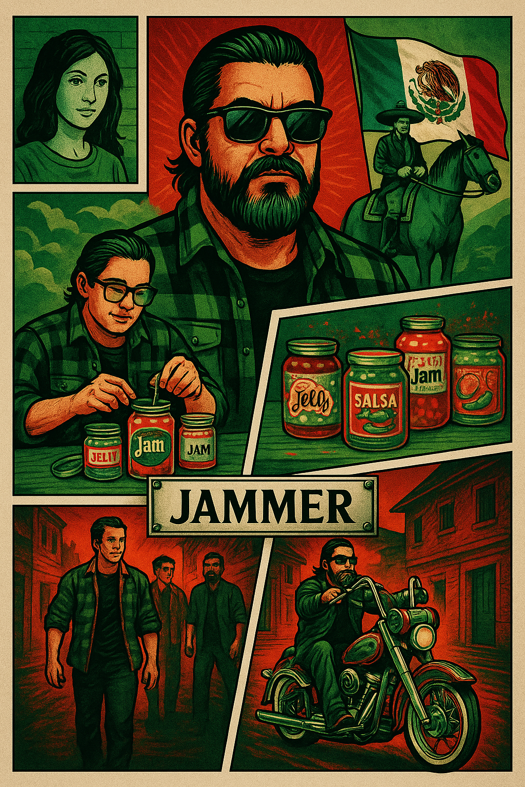 Illustrated poster featuring a man with sunglasses, jars of Jammer products, and a motorcycle.
