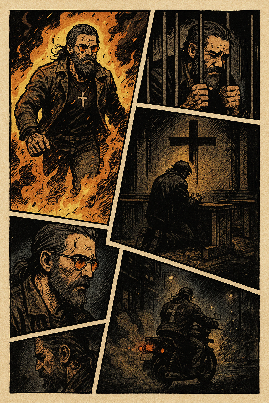 Collage of a man in various settings with a cross, including fire, jail, and motorcycle.