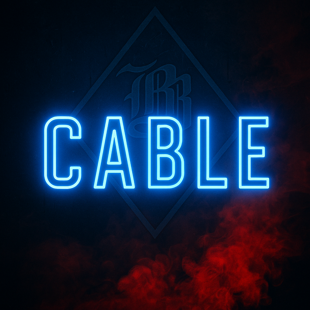 Neon sign with the word 'CABLE' on a dark background with red smoke effect.