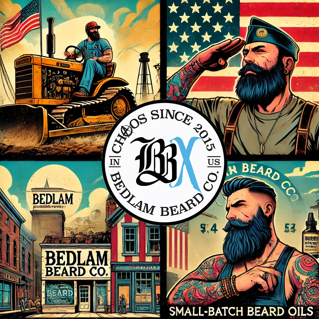 Graphic image of many core values of Bedlam, blue collar, veteran owned, local, small batch beard oil company.