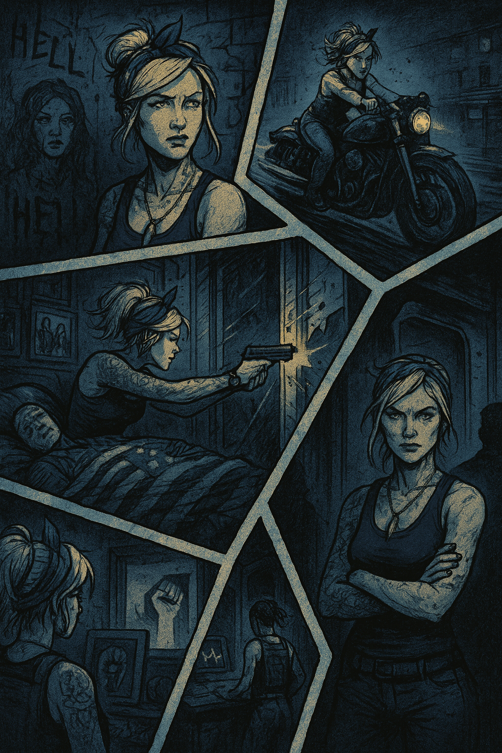 Illustrated character in various poses with a dark, moody color palette.