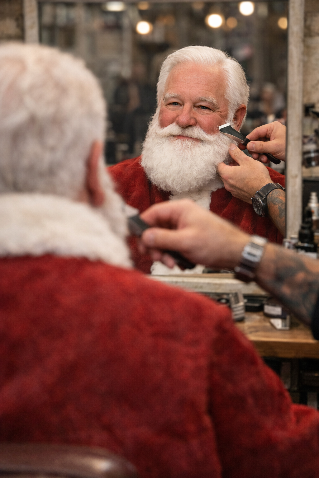 Santa getting his beard lined up before his big night on Christmas Eve, using Bedlam to keep his beard protected from all the elements he will encounter on his world wide journey