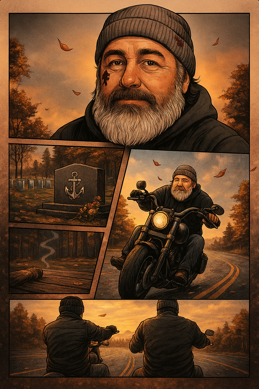 Collage of a man with a beard and hat in various settings, including a motorcycle ride and a cemetery.