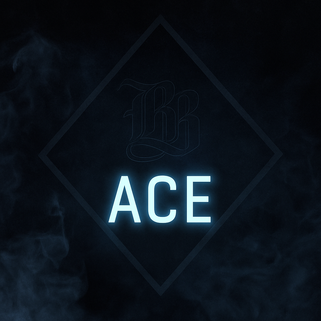 Neon 'ACE' sign with a dark background