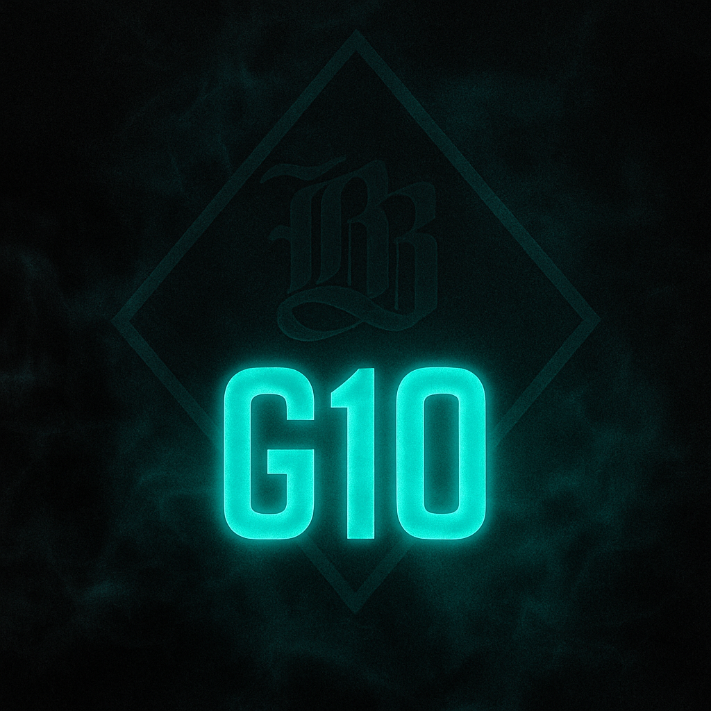 Neon 'G10' logo on a dark background with a brand logo above it.