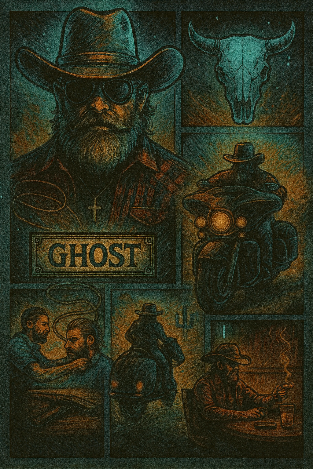 Illustrated collage of a cowboy with scenes including a skull, motorcycle, and bar.