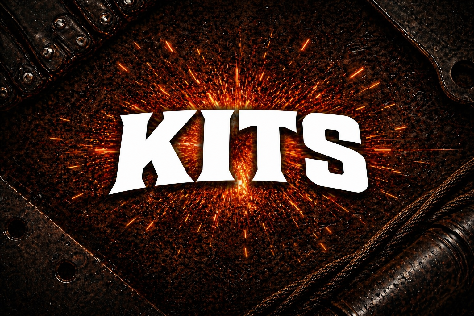 The word 'KITS' with a fiery explosion effect on a dark background