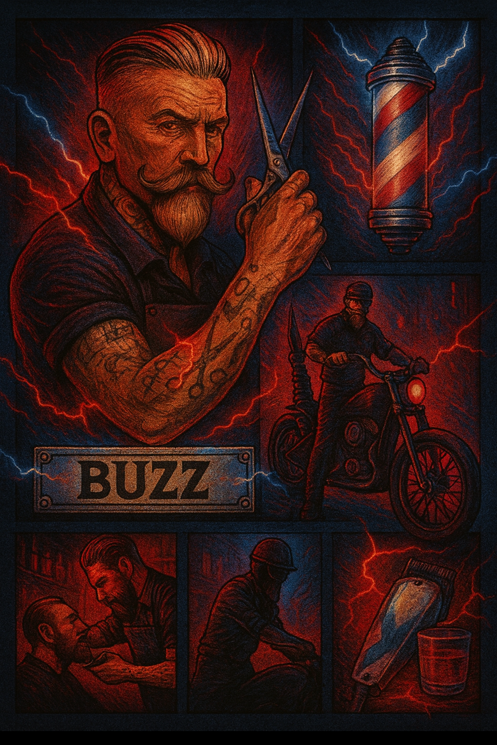 Illustration of a tattooed barber with tools and a motorcycle, featuring the brand 'Buzz'.