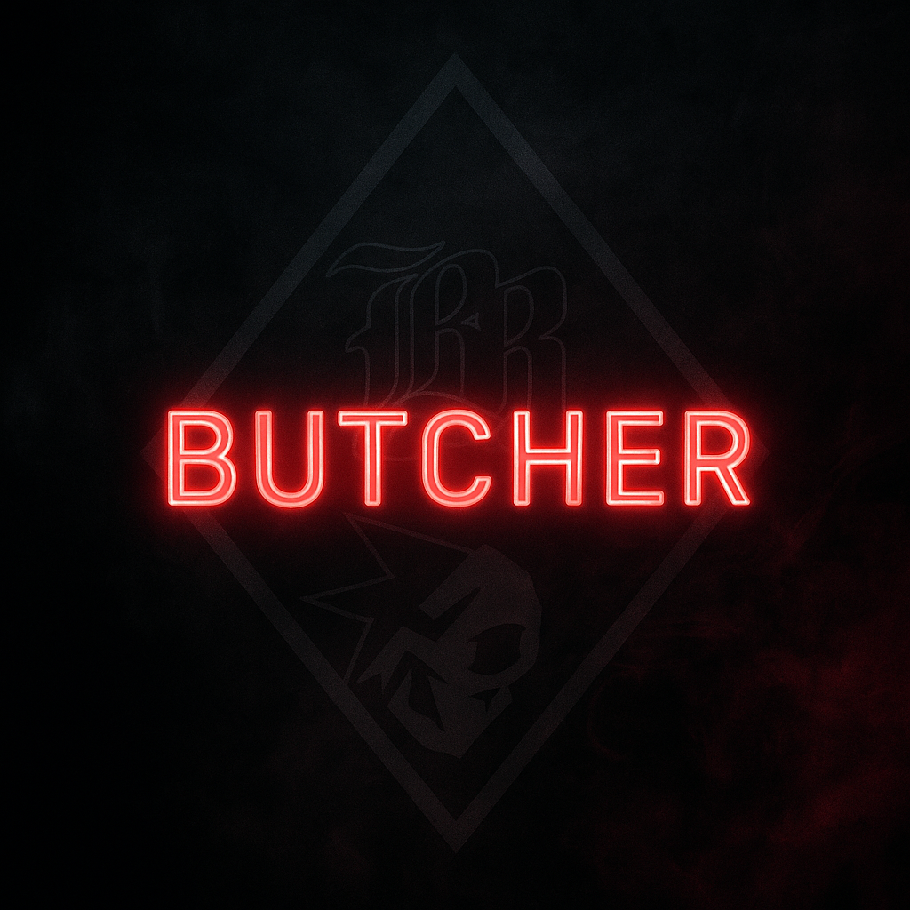 Neon sign with the word 'BUTCHER' on a dark background