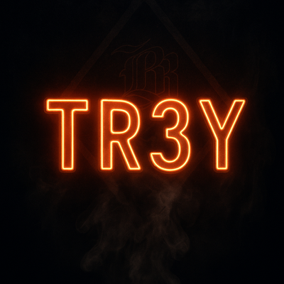 Neon sign with 'TR3Y' text on a dark background
