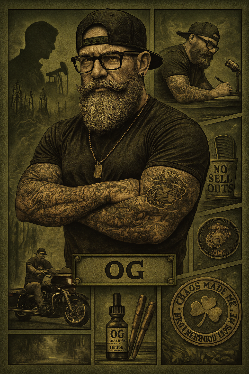Man with tattoos and a beard wearing a cap, surrounded by various images and text in sepia tones.