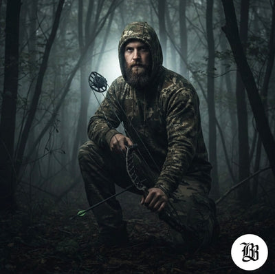 Bearded Hunter in camouflage attire holding a bow in a forest setting