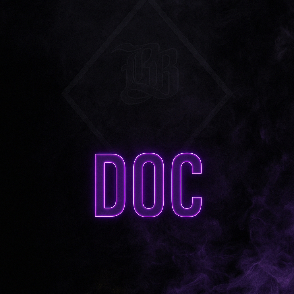 Neon purple 'DOC' text on a dark background with a logo above