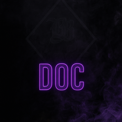 Neon purple 'DOC' text on a dark background with a logo above