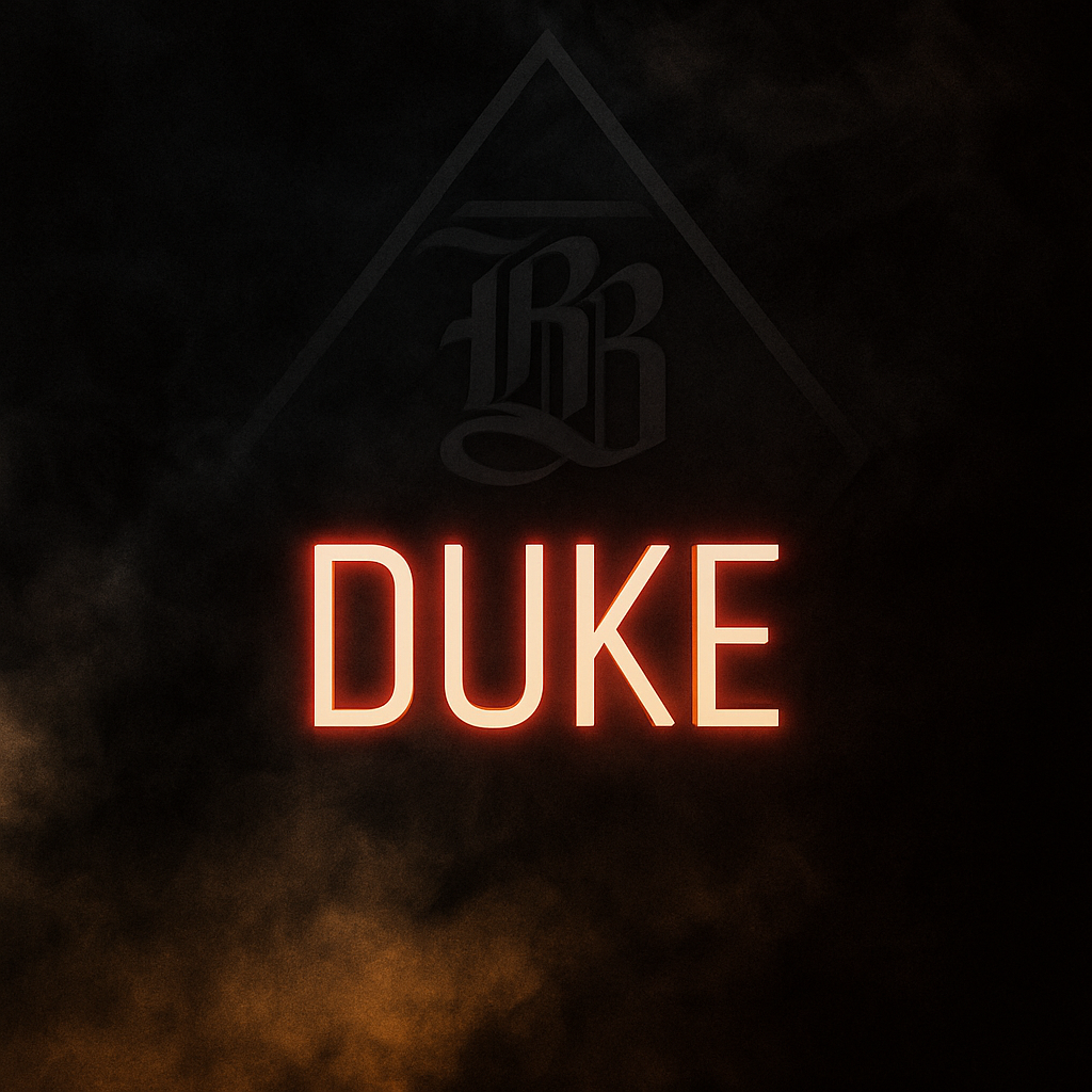 Neon sign with 'DUKE' on a dark background