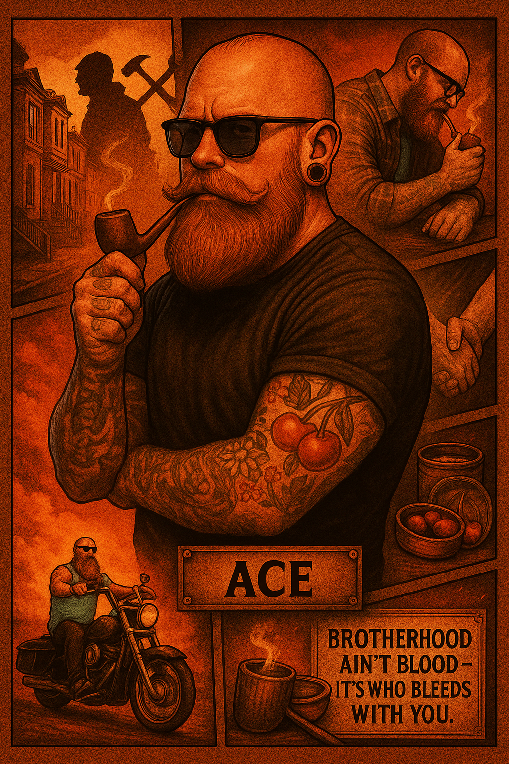 Man with tattoos and a pipe, surrounded by rustic elements and text, in a warm color palette.