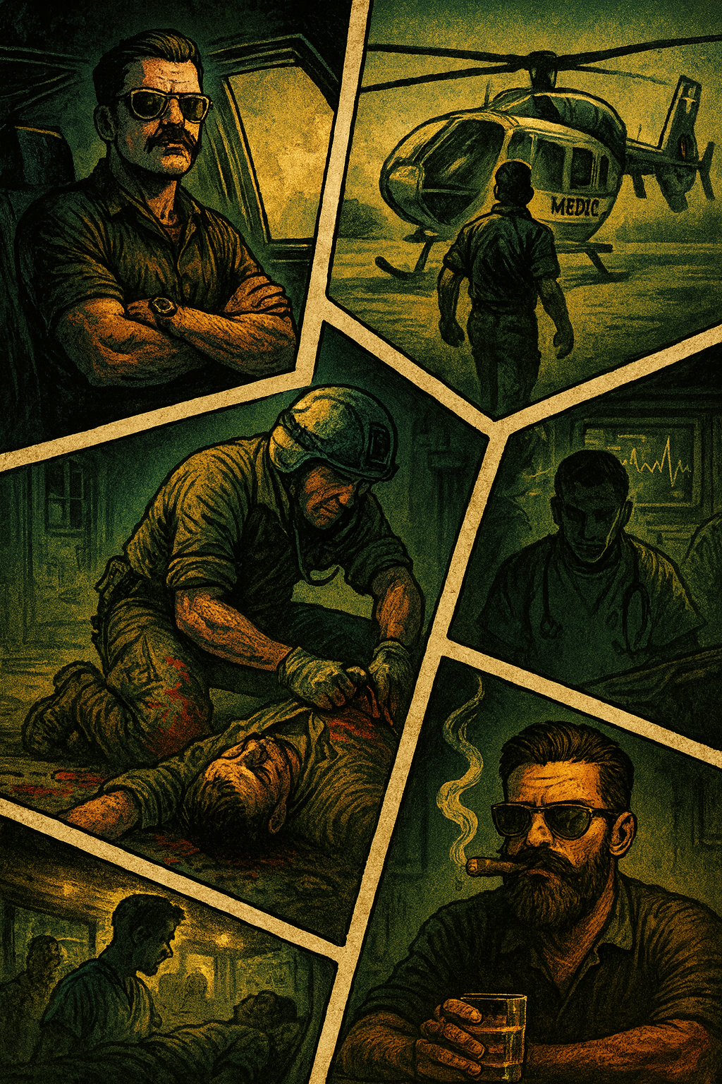 Collage of illustrations featuring a man with a mustache, a helicopter, and various scenes involving medical and military personnel.